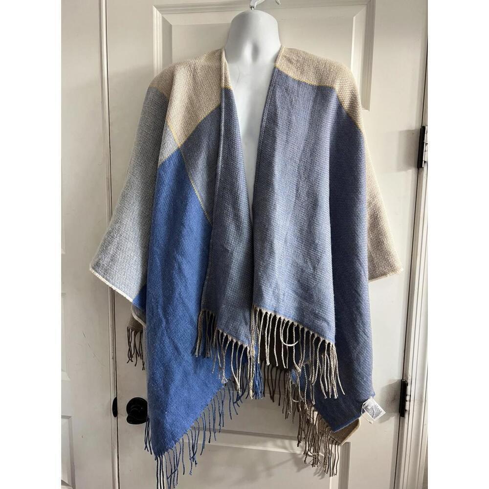 Uniqlo Poncho Stole Cardigan Women Blue Colorblock Fringe Boho 100% Acrylic OS - Picture 1 of 7